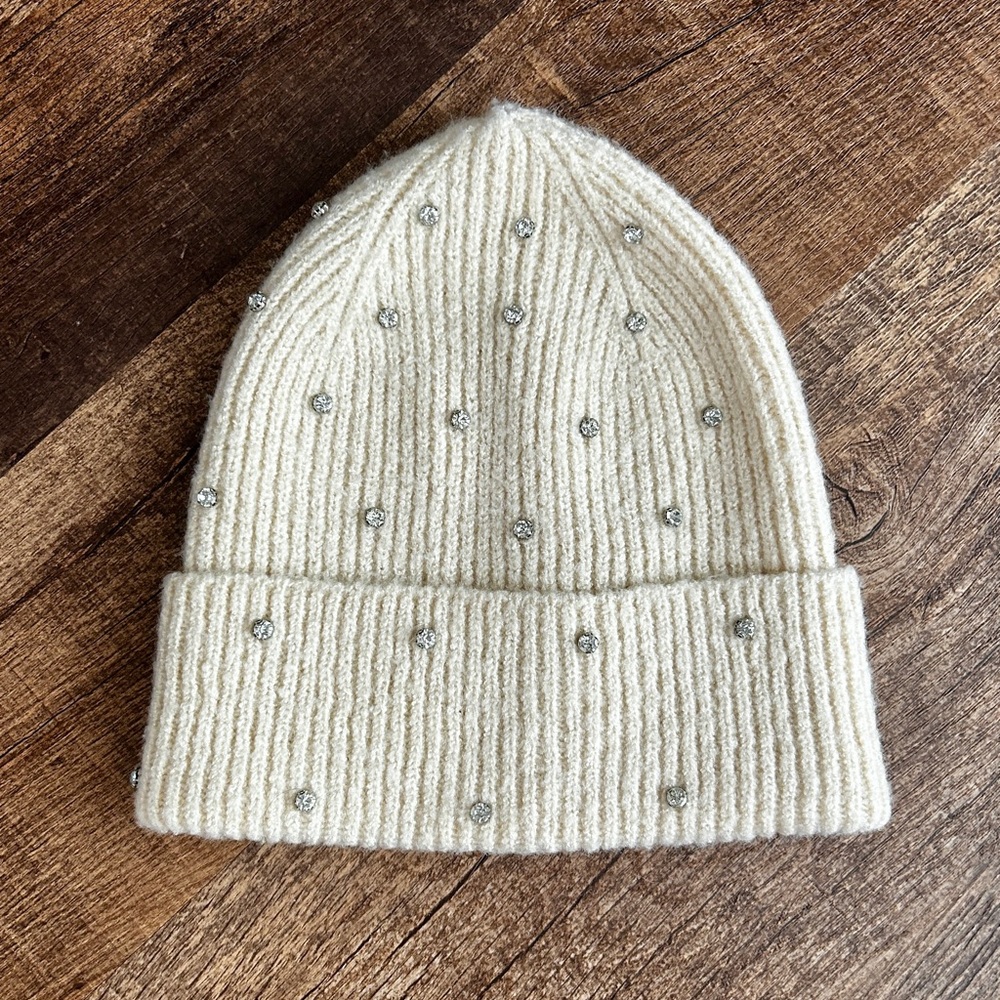 Elegant Cream Beanie with Rhinestone Accents
